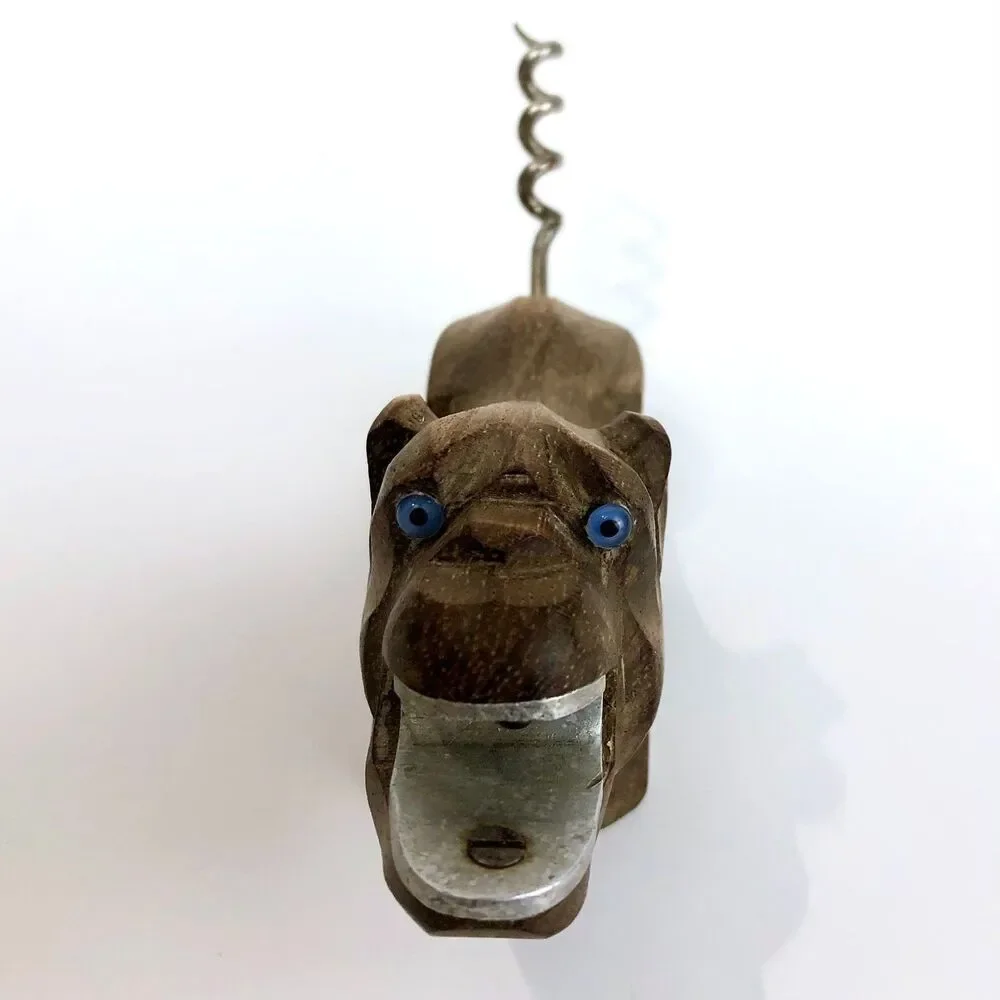 VTG Bulldog Bottle Opener  Corkscrew Hand Carved Wood France Blue Glass Eyes